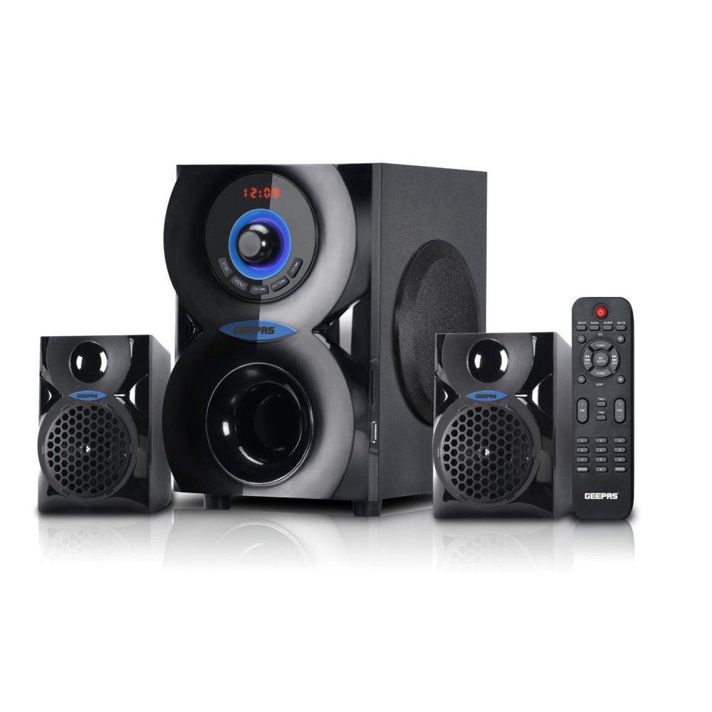 2.1 Channel Multimedia Speaker System – 20000W PMPO, Dual Speaker + Subwoofer, Bluetooth, USB, SD Card Support, LED Display, Remote Control, for PC, TV, Mobile & Gaming, Black & Blue