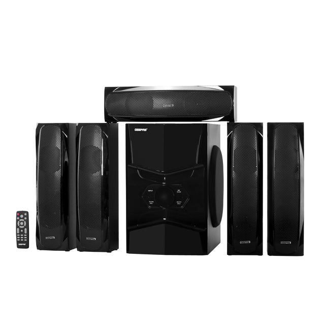 5.1 Channel Multimedia Speaker System – 50000W PMPO Surround Sound, Bluetooth, FM Radio, USB/SD Input, Karaoke Function, LED Display, Remote Control, Black, 2-Year Warranty