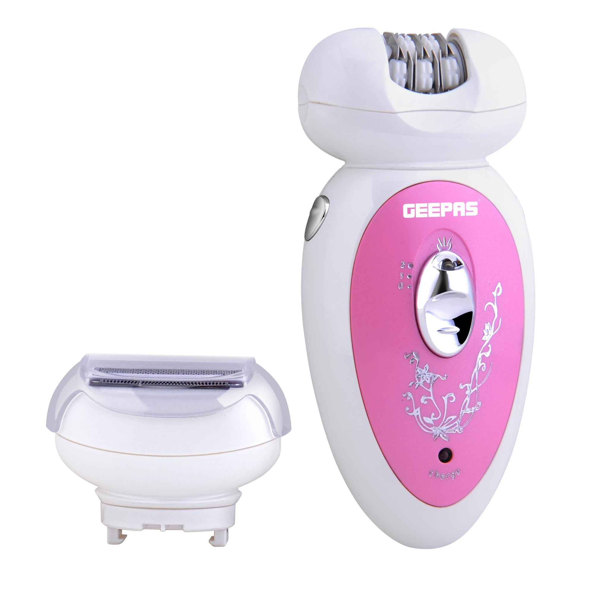 2-in-1 Rechargeable Ladies Epilator Set 2 Speed Settings, 2 Attachments, Smart Light For Clear Viewing, Removes Finest Of Hair From The Roots Sharp Blades White/Pink