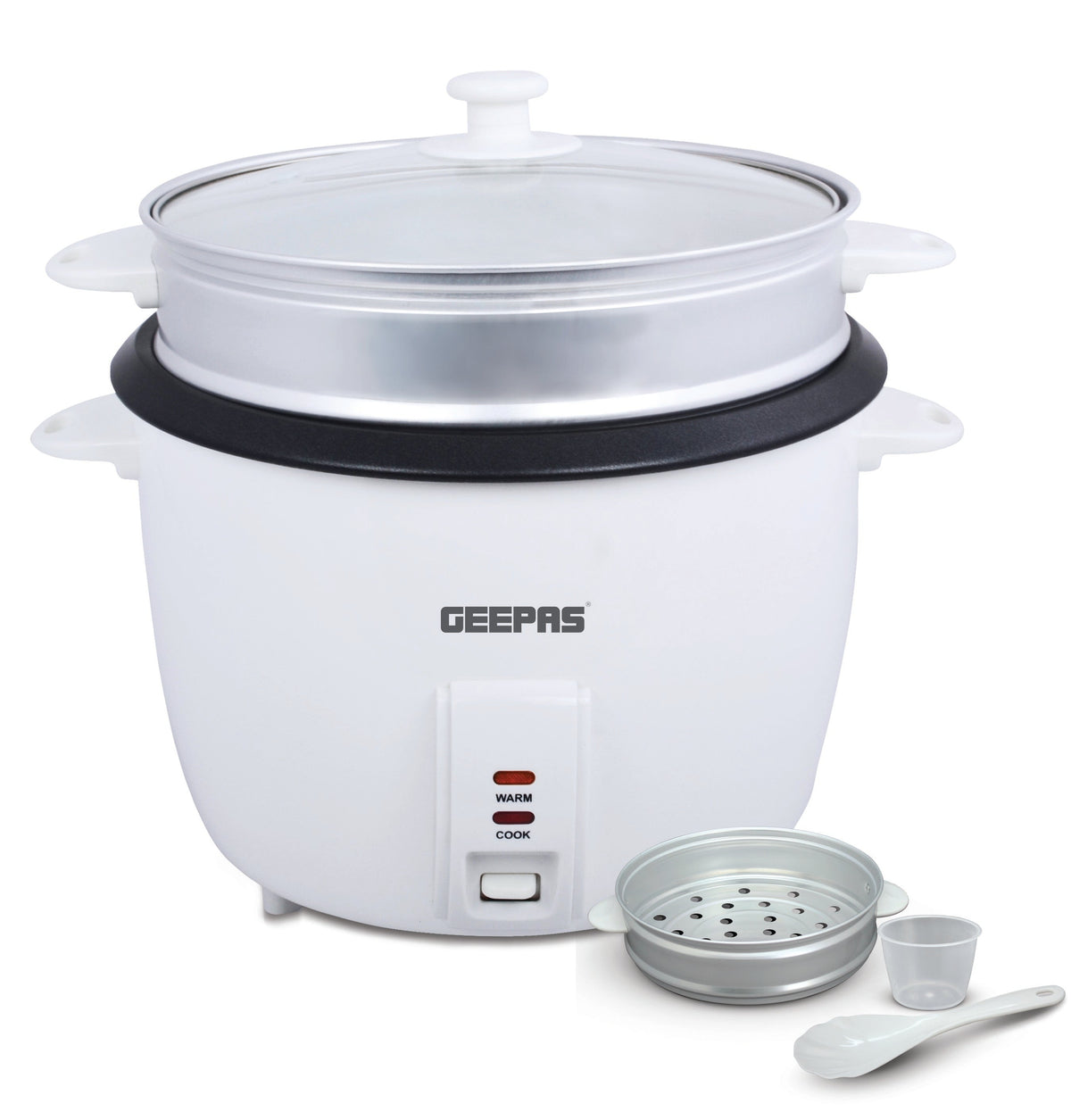 Electric Rice Cooker with Non-Stick Inner Pot and Toughened Glass Lid| Includes Cook, Steam, and Warm Functions| White Powder Coated Housing, Aluminum Outer Steamer 2.8 L 1000 W GRC4327 White/Black