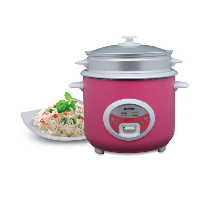 Deluxe Ricer Cooker- Non-Stick Inner Pot, Stainless Steel Body | Cook/Steam/Keep Warm Function| Make Rice & Steam Healthy Vegetables | 2 Years Warranty GRC4329 Pink/Silver