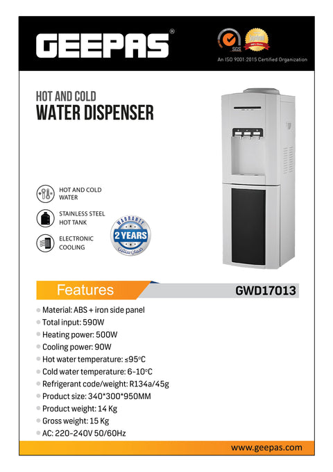 Geepas Hot and Cold Water Dispenser with Stainless Steel Tank GWD17013 White