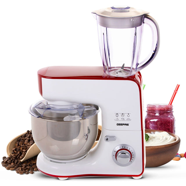 Geepas 1000W 5 in 1 Stand Mixer & Coffee Ingredients Grinder | 5.5L Mixing Bowl for Food Cake Bread & Dough Beater, Whisk, Dough Hooks | 1.5L Jug Smoothies Blender & Protein Shakes - 2 Year Warranty