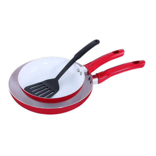 3-Piece Non-Stick Frypan And Turner Set Red/Silver/Black Frying Pan 2x26x20cm