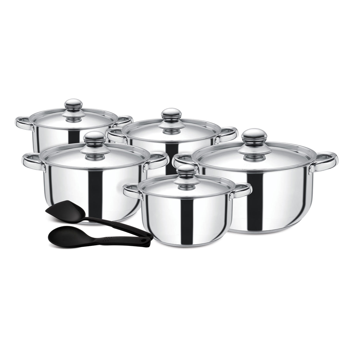 12PCS Stainless Steel Cookware Set, Ergonomic Grip, Induction Safe Casserole/Saucepan Pots with Lid, and Nylon Slotted Turner -Riveted Handles, Chrome Finish Stainless Steel Body Stainless Steel 26x12.8cm
