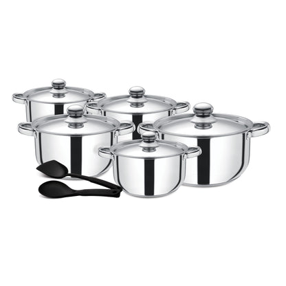 12PCS Stainless Steel Cookware Set, Ergonomic Grip, Induction Safe Casserole/Saucepan Pots with Lid, and Nylon Slotted Turner -Riveted Handles, Chrome Finish Stainless Steel Body Stainless Steel 26x12.8cm