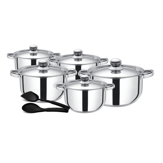 12PCS Stainless Steel Cookware Set, Ergonomic Grip, Induction Safe Casserole/Saucepan Pots with Lid, and Nylon Slotted Turner -Riveted Handles, Chrome Finish Stainless Steel Body Stainless Steel 26x12.8cm