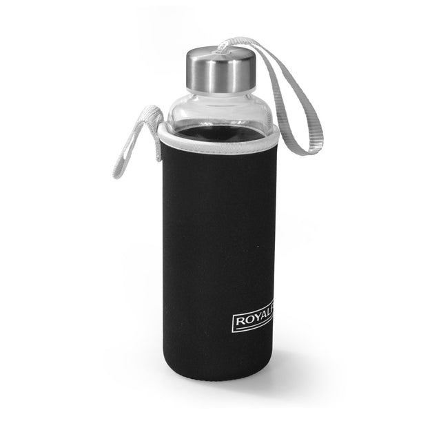 Royalford RF9695 800ML Glass Water Bottle with Neoprene Bag - Portable Steel Cap Lead-Free, Travel Flask | Air Tight | Microwave Safe, Dishwasher Safe | Leak-Proof Lids, | Ideal for Indoor & Outdoor