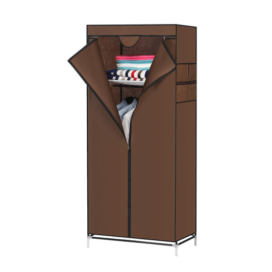 Wardrobe Portable Closet Organizer | Lightweight Modular Wardrobe with Hanging Rail & Mesh Shelves | Dust-Proof Space-Saving Storage Cabinet Brown