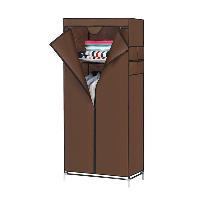 Wardrobe Portable Closet Organizer | Lightweight Modular Wardrobe with Hanging Rail & Mesh Shelves | Dust-Proof Space-Saving Storage Cabinet Brown