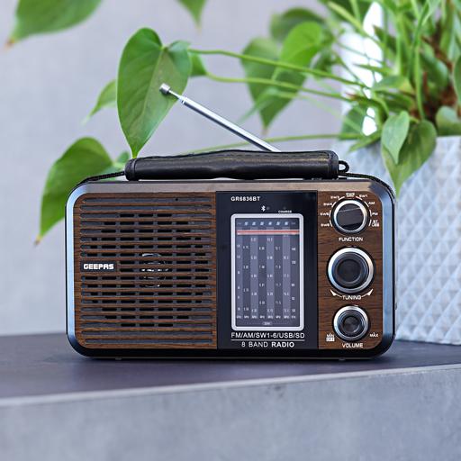 راديو FM قابل لإعادة الشحن مع فتحات USB و SD - طراز GR6836، لون أسود