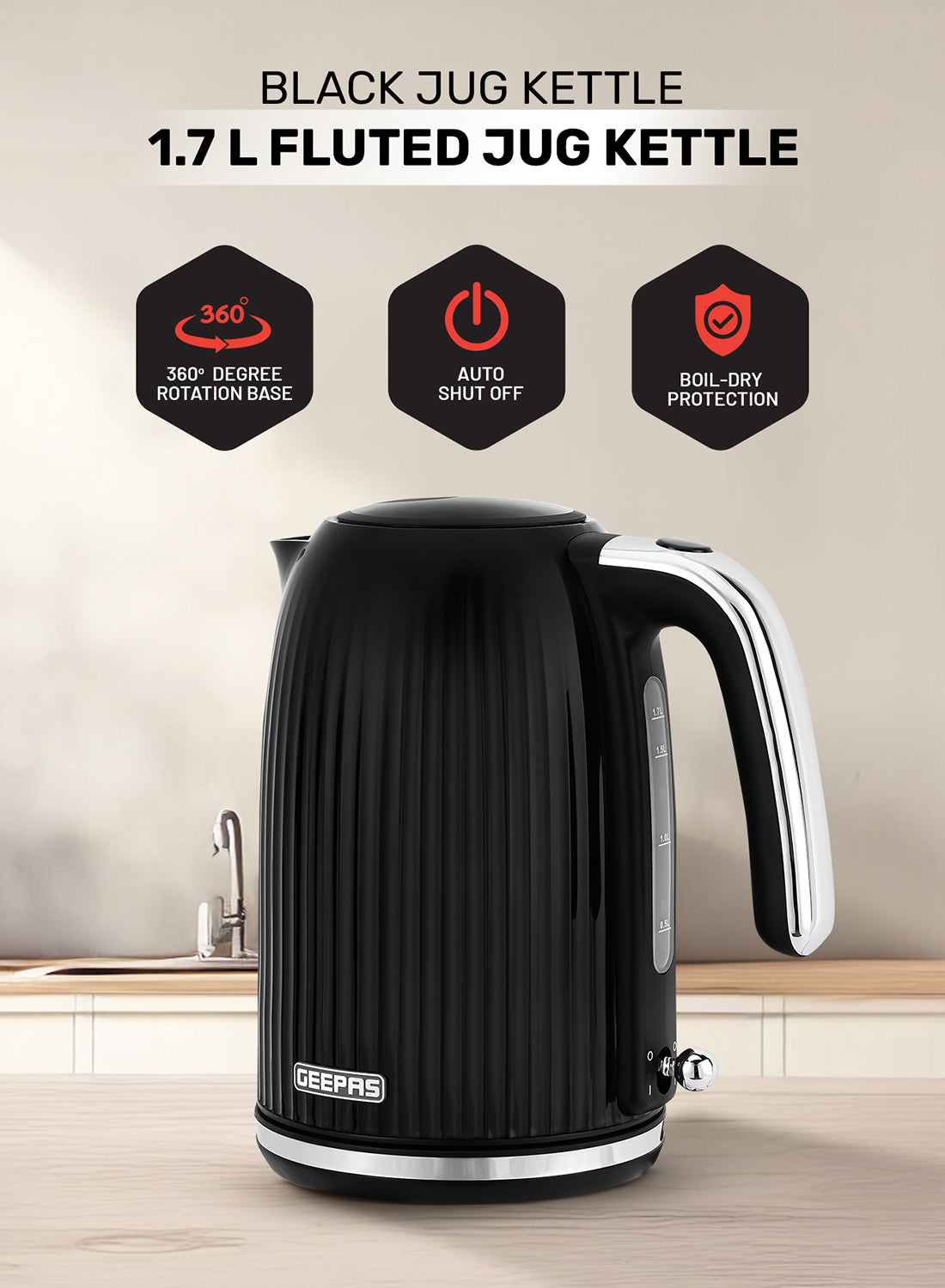 1.7 L Fluted Jug Kettle 360-Degrees Rotation, Boil Dry Protection and Automatic Cut-Off/ Perfect for Boiling Water, Milk, Tea/ Removable and Washable Filter