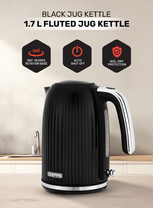 1.7 L Fluted Jug Kettle 360-Degrees Rotation, Boil Dry Protection and Automatic Cut-Off/ Perfect for Boiling Water, Milk, Tea/ Removable and Washable Filter