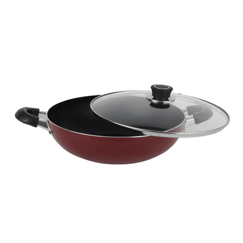 Wok Pan With Glass Lid Pfoa Free Lead Free 3 Layer Non-Stick Coating Cd Bottom Heat-Resistant Exterior Strong Bakelite Handle Premium Quality Aluminium Multi Color 30X8.5Cm Multi Color