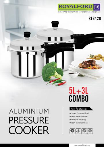 Royalford Rf8428 5 & 3 Litre Aluminum Pressure Cooker - Comfortable Handle Evenly Heating Cooker | Portable & Compact Design | Perfect For Chicken, Fish, Rice, Beef And More | Multiple Hobs, Silver