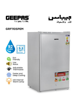 92 Ltr Single Door Mini Fridge | Direct Cool Defrost Refrigerator with Quick Cooling & Temperature Control | Tempered Glass Shelves, Transparent Door Basket for Extra Space & Long-Lasting Freshness | Silver Finish 92 L GRF110SPEM Grey