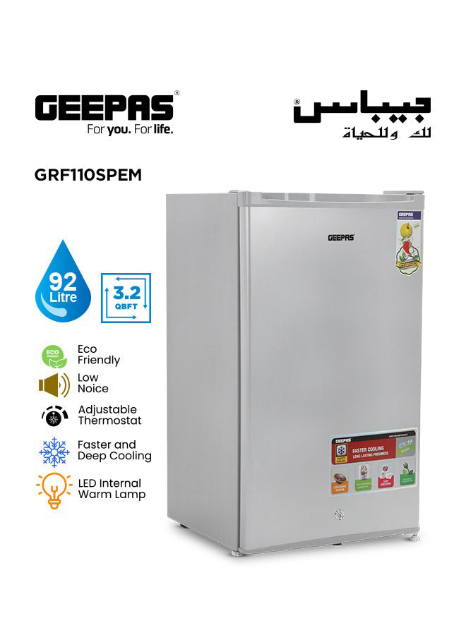 92 Ltr Single Door Mini Fridge | Direct Cool Defrost Refrigerator with Quick Cooling & Temperature Control | Tempered Glass Shelves, Transparent Door Basket for Extra Space & Long-Lasting Freshness | Silver Finish 92 L GRF110SPEM Grey
