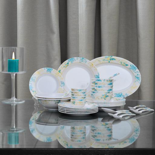 Delcasa 35 Piece Flower sketch Melamineware Dinner Set- DC2462| Includes Oval Plates, Deep Plates, Flat Plates, Soup Bowls, Round Bowls, Soup Spoons and Rice Spoons| Top-Rack Dishwasher-Safe and Light-weight| Eco-Friendly and Food-Grade| White and Blue