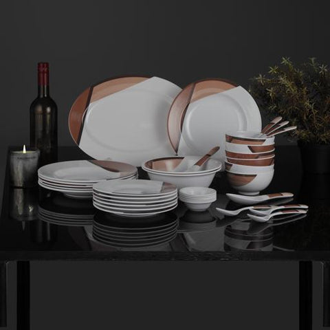 Royalford 35 Piece Melamine Ware Dinner Set| Includes Oval Plate, Deep Plates, Dinner Plates, Round Bowls, Small Dishes, Rice Spoons and Soup Spoons| Top-Rack Dishwasher-Safe and Freezer-Friendly| Eco-Friendly and Food-Grade| Brown and White