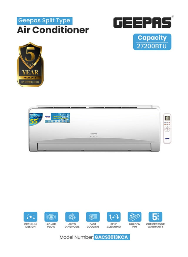 2.5 Ton (27200 BTU) Split AC | Self-Cleaning, Auto Diagnosis, Golden Fin, LED Display GACS3013KCA White