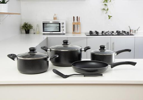 8-Piece Non-Stick Cookware Set Aluminum | Scratch-Resistant Non-Stick Coating with CD Bottom | Tempered Glass Lids, Heat-Resistant Bakelite Handles & Knobs Dark Black
