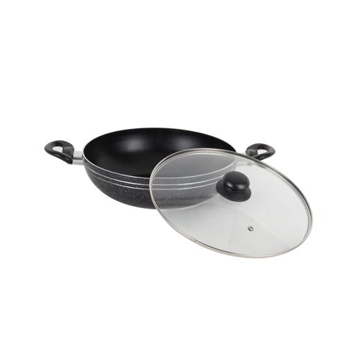 Royalford Elight Series 32 cm Aluminum Wokpan with Nonstick Coating- RF11886/ with Tempered Glass Lid and Soft Touch Bakelite Handles, 3 Layer Construction/ Induction Compatible, Perfect for Deep and Shallow Frying/ Black