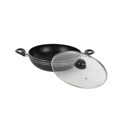 Royalford Elight Series 32 cm Aluminum Wokpan with Nonstick Coating- RF11886/ with Tempered Glass Lid and Soft Touch Bakelite Handles, 3 Layer Construction/ Induction Compatible, Perfect for Deep and Shallow Frying/ Black