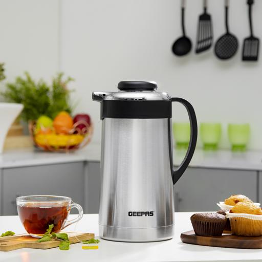 Geepas Stainless Steel Vacuum Flask, Double Wall Airpot, GVF27015 | 1L Thermal Insulated Airpot | Keep Drinks Hot & Cold up to 24 Hours | Portable & Leak Proof Thermal Flask