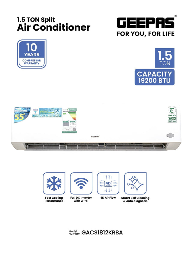 1.5 Ton Split Air Conditioner (18,000 BTU) Inverter | 4D Airflow & Smart Self-Cleaning | Auto-Diagnosis & 10-Year Compressor Warranty GACS1828KRCA White