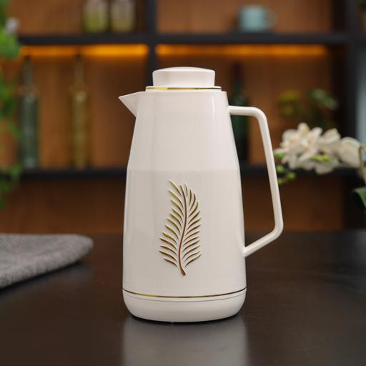 Royalford 1.0 L (33.5 oz) Vacuum Flask with Pink Glass Inner and PP Outer Body | Leak-Proof and Portable Design Suitable for Indoor WHITE AND GOLDEN