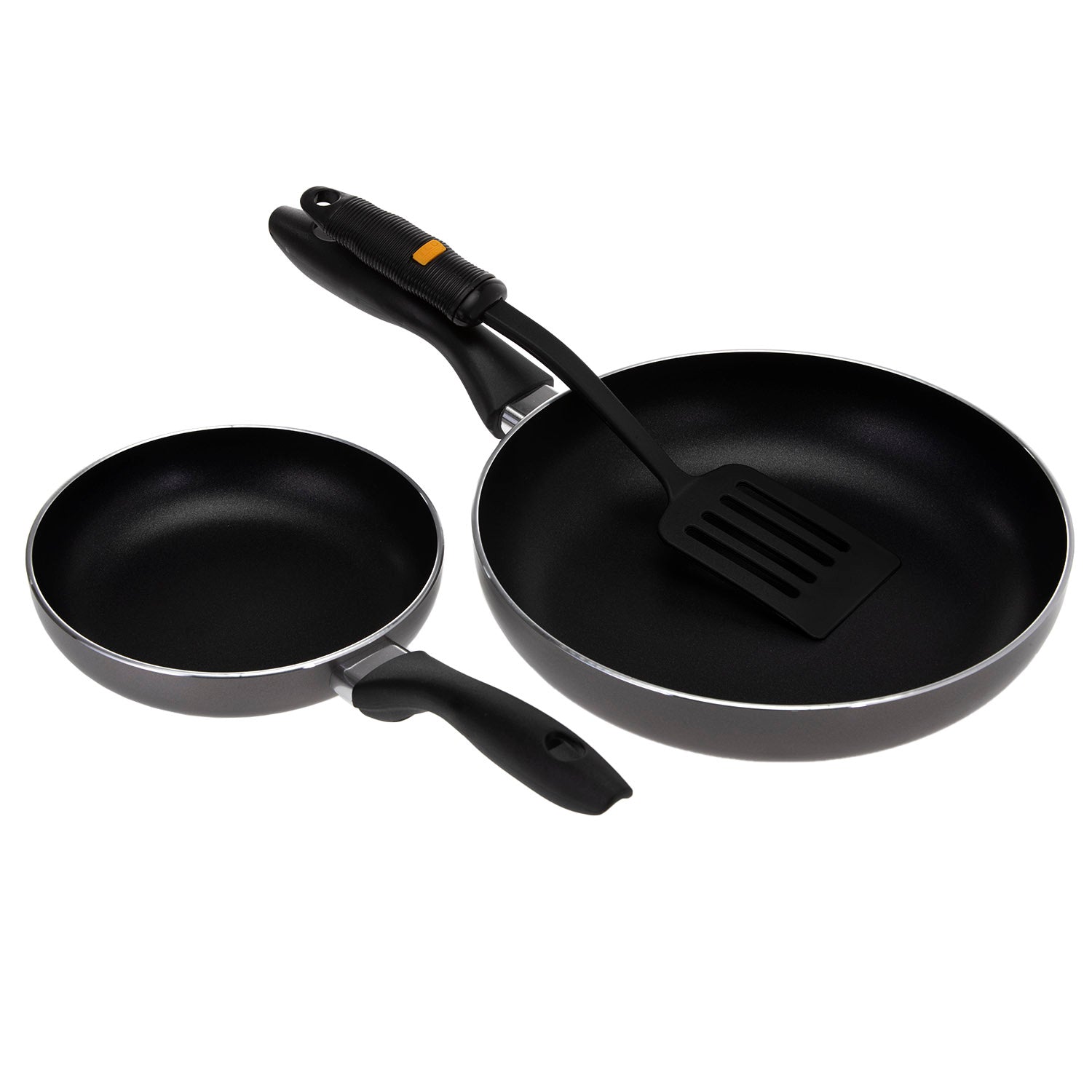 2-Piece Non-Stick Fry Pan Set – 18CM & 26CM Aluminium Frying Pans with Slotted Turner, Durable Granite Coating, Heat-Resistant Handles, Value Kitchenware Set for Sautéing, Frying & Everyday Cooking Black