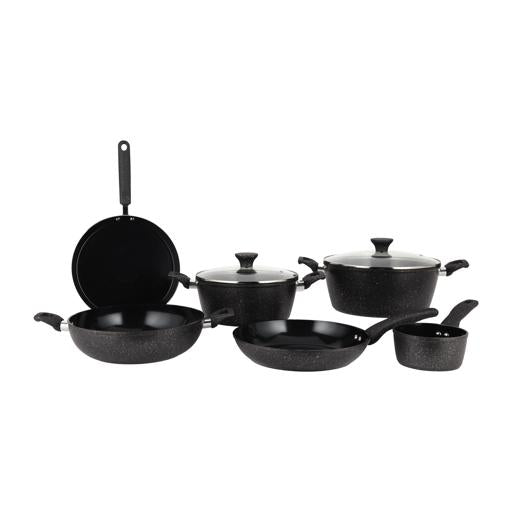 Royalford Prido 8-piece Forged Aluminum Cookware Set- RF12771/ Durable Nonstick Ceramic Coating with 4-Layer Construction, Tempered Glass Lid/ Includes Casseroles, Wokpan, Saucepan, Fry Pan, Pizza Pan, PFOA and PTFE Free/ Black
