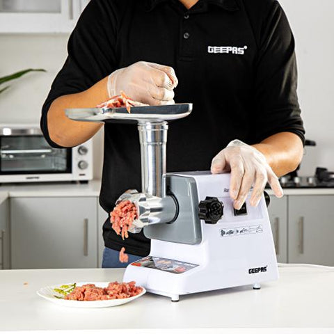 Electric Meat Grinder ,Mincer, Reverse Function, Metal Cutting Plates, Accessories, Metal Gears, Stainless Steel Blade,1kg Capacity 800 W GMG767 White/Black/Silver