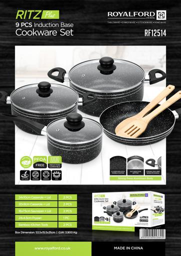 Royalford 9-piece Marble Coated and Press Aluminum Body Ritz Plus Cookware Set  Dot Induction Base, Bakelite Handles and Lid/ Includes Casseroles, Saucepan, Bamboo Kitchen Tools and Fry Pan/ Black Black