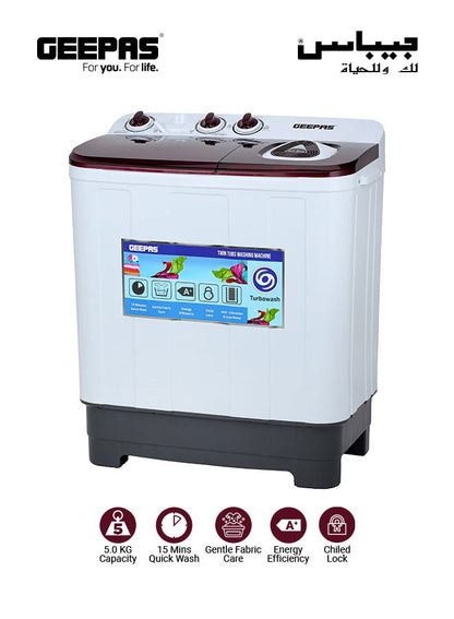 Geepas 5Kg Semi-Automatic Twin Tub Washing Machine - High-Efficiency, Portable Washer/Spin Dryer Combo | Magic Filter, Air Dry, 510W Motor | Model GSWM18045 5 kg 510 W GSWM18045 White