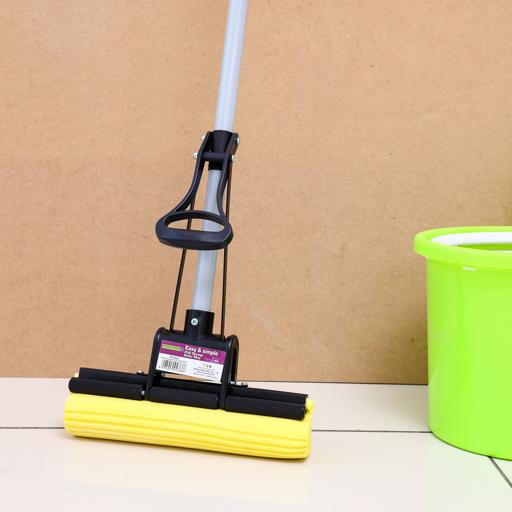 RF5828 Sponge Roller Mop with Metal Handle | Super Absorbent Floor Cleaning Mop | Self-Wringing PVA Sponge Mop | Adjustable Handle | Black & Yellow