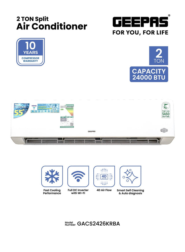 2.0 Ton Inverter Split Air Conditioner (24,000 BTU) – Smart Wi-Fi, 4D Airflow, Self-Cleaning, Auto-Diagnosis with 10-Year Compressor Warranty GACS2426KRBA White