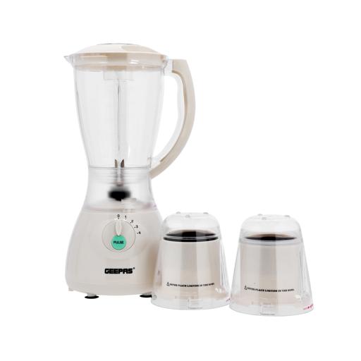 Geepas 400W 3 In 1 Multifunctional Blender | Stainless Steel Blades, 4 Speed Control With Pulse, Over Heat Protection, Safety Lock Coffee Grinder & Smoothie Maker, White, 1.5L Jar, GSB5006