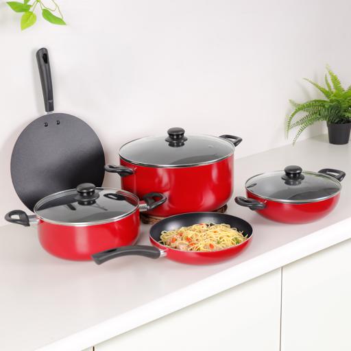 Royalford 10-Piece Non-Stick Cookware Set- RF12146/ Aluminum Body with 2.5 mm Thickness, Spiral Bottom, Bakelite Handles and Glass Lid/ Includes Casserole, Wokpan, Fry Pan, Tawa Multicolor
