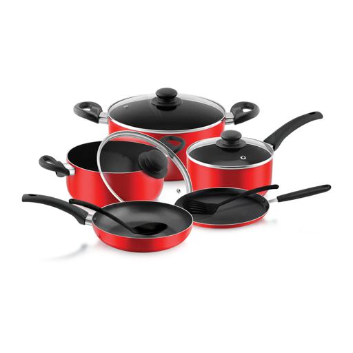 10-Piece Non-Stick Cookware Set Aluminum Body With 3-Layer Non-Stick Coating Cd Bottom Bakelite Handles And Glass Lid Multicolour