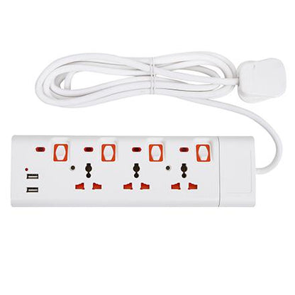 Geepas 3 Way Extension Socket with 2 USB Port - 4 Led Indicators with Power Switches | Extra Long 3m Cord, Over Current Protected | Ideal for All Electronic Devices