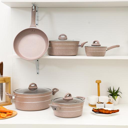 9-Piece Smart Non-Stick Cookware Set RF9555BGE – 5-Layer Granite Coating, High-Quality Forged Aluminium Construction, Scratch Resistant, Tempered Glass Lids, Bakelite Handles, 3.8mm Thick Induction Base – Compatible with All Hob Types Beige