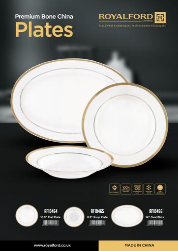 Premium Bone China 10.5 Inch Flat Dinner Plate Round Shape With Elegant Golden Border White 0.002kg