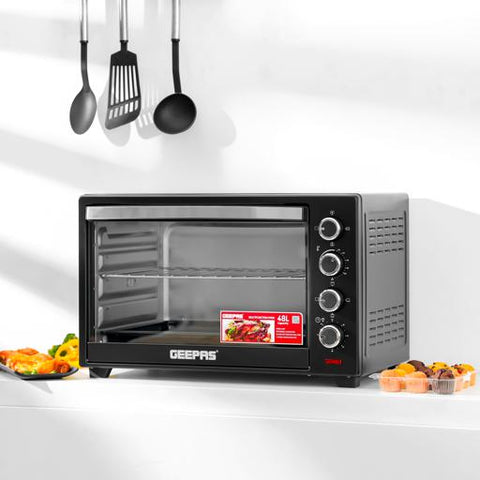 Electric Oven With Convection and Rotisserie Function 4 Knobs and Temperature 100-250-Degrees Celsius, 60 Minute Timer with Bell, Perfect for Grilling, Toasting and Roasting 48 L 2000 W GO4451N Black
