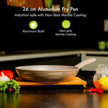 RF9464BGE 26CM Smart Fry Pan | 5 Layer Granite Non-Stick Coating Frying Pan | Forged Aluminium Body with Heat-Resistant Handle | Induction, Gas & Multiple Hob Compatible | Beige