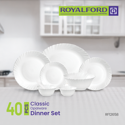 40-Piece Classic Opalware Dinner Set RF12658 | Food-Grade White Dinnerware Set for 6 | Microwave, Dishwasher & Freezer Safe | Chip-Resistant Serveware