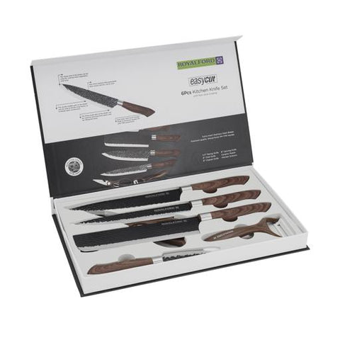 6-Piece Kitchen Knife Set With Non-Stick Coating Extra-Short Stainless-Steel Blades With Premium-Quality Pp Handle With Tpr Wood Finish Brown 1.02kg