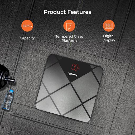Geepas Digital Body Scale With Digital Display, Max Weight 180 Kgs, 6 MM Tempered Glass, Anti-Slip Design, Red Lattice LED, Auto On-Off, High Precision Strain Gauge Sensor GBS46523UK Grey & black