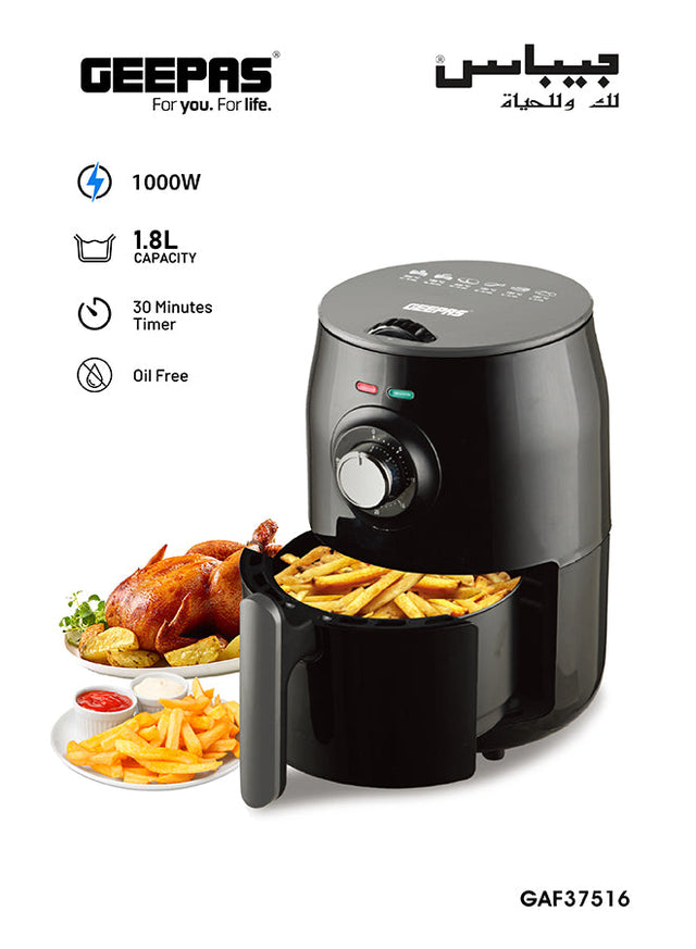Oil Free Air Fryer With Cool touch Housing Handle Overheat Protection Rapid Air Circulation Non Stick Detachable Basket Temperature And Timer Control 1.8 L 1000 W GAF37516 Black