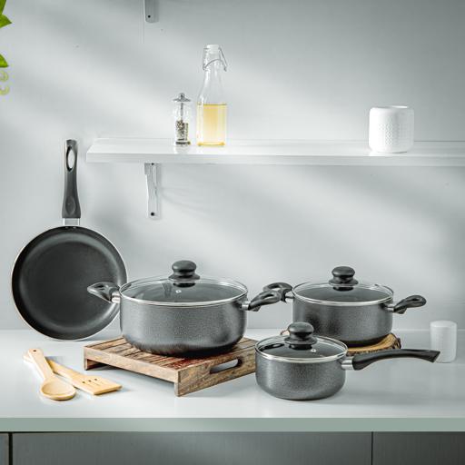 Royalford 9-Piece Non-Stick Cookware Set- RF11642| Aluminum Body With 3-Layer Construction, CD Bottom, Bakelite Handles And Glass Lid| Includes Casserole, Saucepan, Fry Pan, Bamboo Kitchen Tools| PTFE-Free And PFOA-Free| Assorted Colours